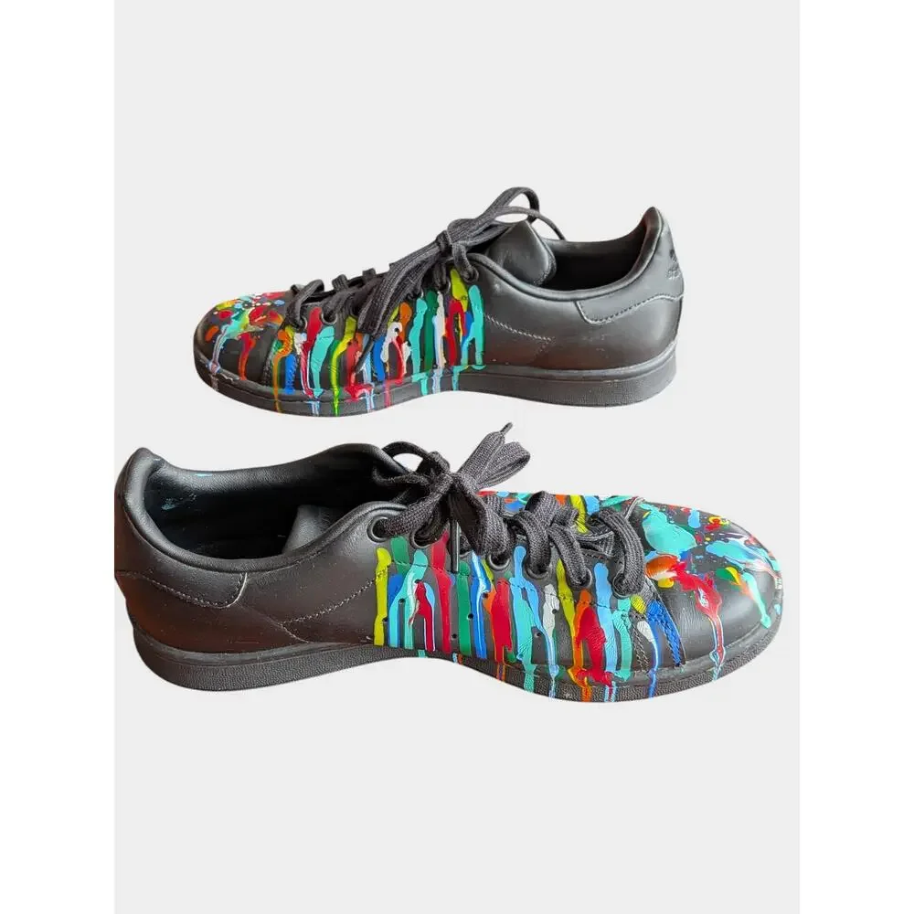 Adidas Stan Smith Men’s 8 Black Leather Sneakers Custom Paint Splatter Art Shoes